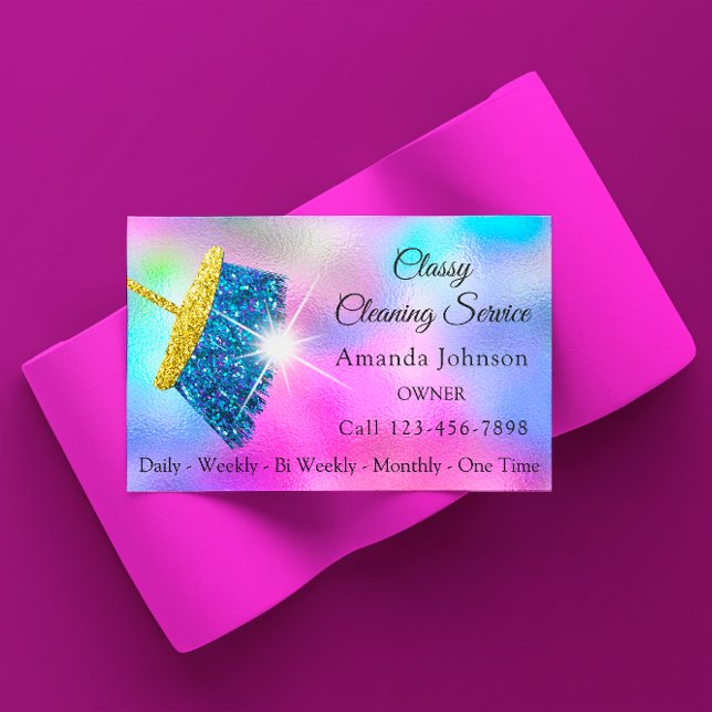 Cartão De Visita Serviço de Limpeza Clássica, Dourado, Azul, Rosa (Classy Cleaning Service Maid Gold Blue Ocean Pink Business Card)