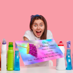 Cartão De Visita Serviço de Limpeza Clássica Maid Dourado Fuchsia R