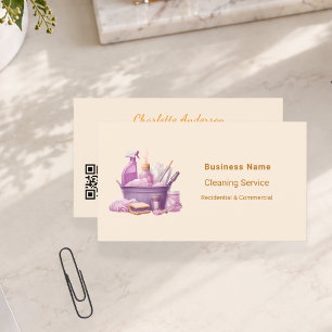 Cartão De Visita Serviço de limpeza creme código QR roxo