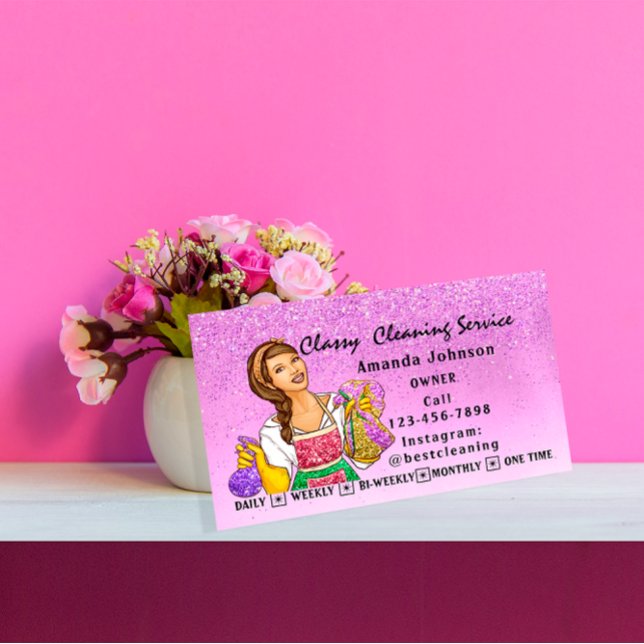 Cartão De Visita Serviço de Limpeza da Casa Clássica com Glite Roxo (Classy House Cleaning Service Maid Purple Gllitte Business Card)