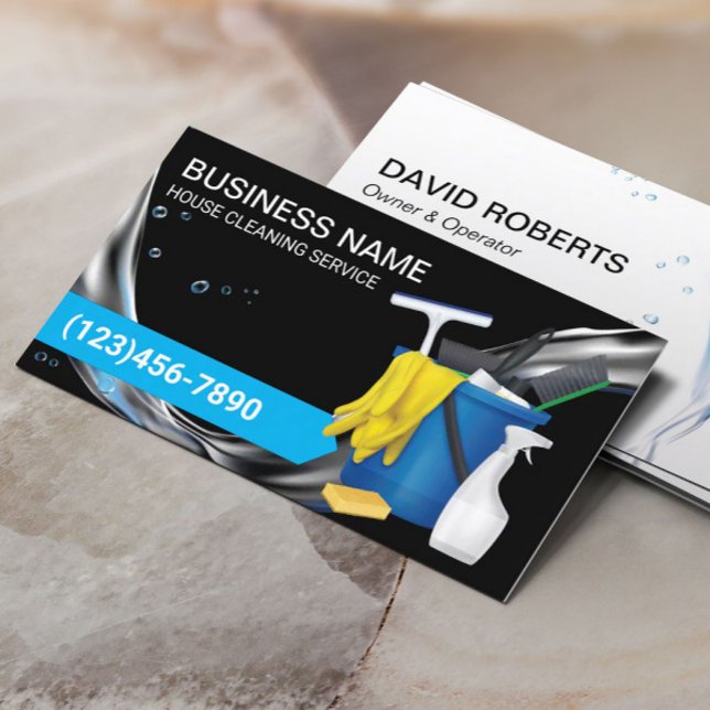Cartão De Visita Serviço de Limpeza da Casa Flui Água Preto (Criador carregado)