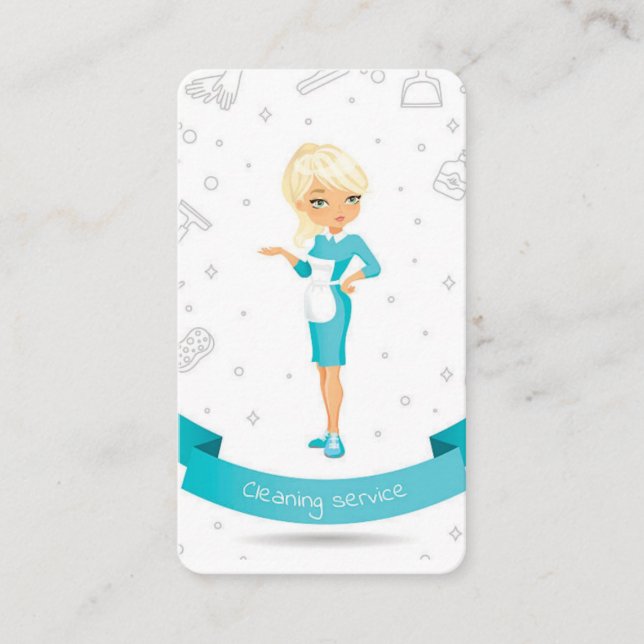 Cartão De Visita Serviço de Limpeza de Casa de Cartoon Azul e Branc (Frente)