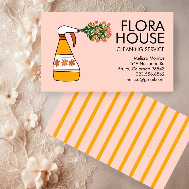 Cartão De Visita Serviço de Limpeza de Casa Floral Frasco de Pulver (Floral House Cleaning Service Spray Bottle Retro Business Card
)
