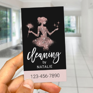 Cartão De Visita Serviço de Limpeza de Casa Glitter Dourado rosa
