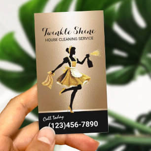 Cartão De Visita Serviço de Limpeza de Casa Moderna Dourada Maid