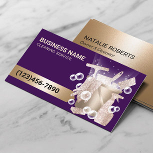 Cartão De Visita Serviço de Limpeza de Casa Roxo e Dourado Moderno