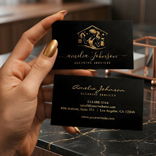 Cartão De Visita Serviço de Limpeza de Luxo   Logotipo da Gold Hous