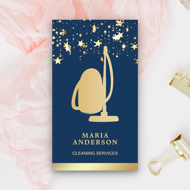 Cartão De Visita Serviço de Limpeza do Vacuum Confetti Gold Foil Co (Criador carregado)