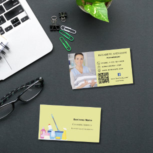 Cartão De Visita Serviço de limpeza foto amarela Código QR