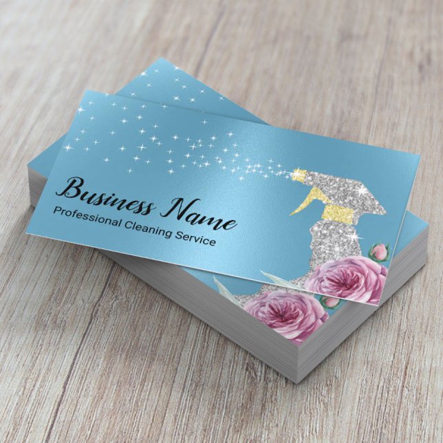 Cartão De Visita Serviço de Limpeza Moderna Silver Spray Baby Blue (Criador carregado)