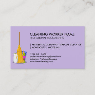 Cartão De Visita Serviço de Limpeza Roxo Governanta Janitorial
