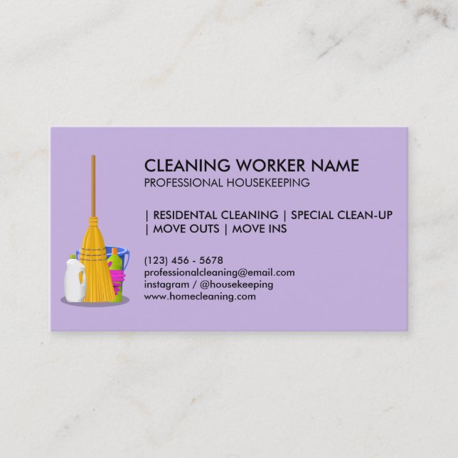 Cartão De Visita Serviço de Limpeza Roxo Governanta Janitorial (Frente)