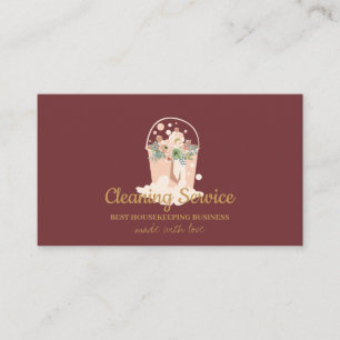 Cartão De Visita Serviço de Limpeza Script Rosa Dourado Borgonha