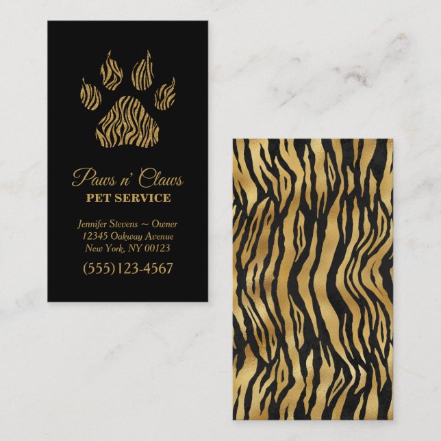 Cartão De Visita Serviço de Pet Lux Dourado Tiger Impressão Paw (Frente/Verso)
