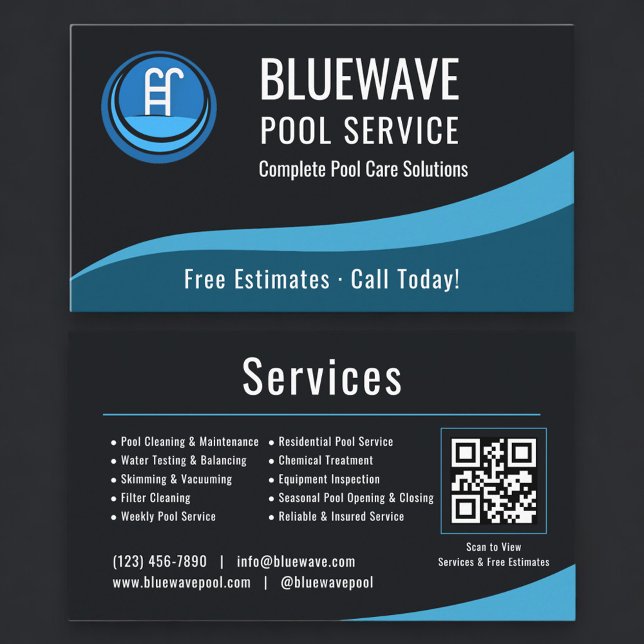 Cartão De Visita Serviço de Piscina Código QR Profissional (Criador carregado)