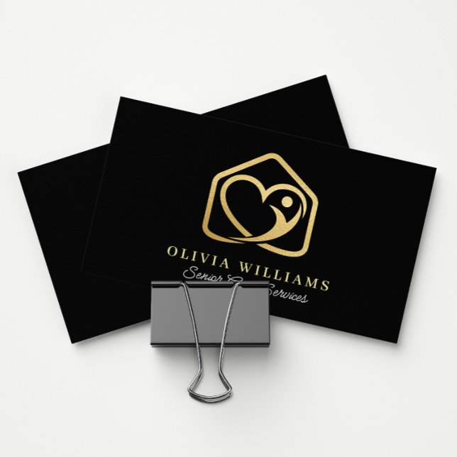 Cartão De Visita Serviços de assistência ao mais velho Preto e Dour (Criador carregado)