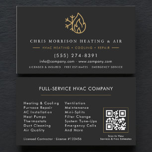 Cartão De Visita Serviços de HVAC Código QR Black Gold