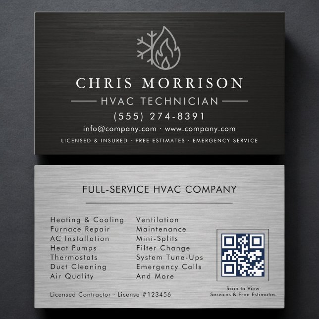 Cartão De Visita Serviços de HVAC Código QR Preto (Criador carregado)