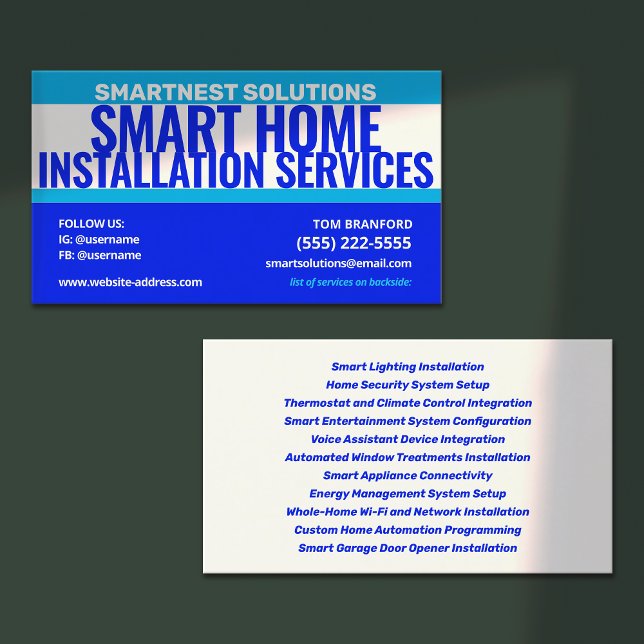 Cartão De Visita Serviços de Instalação do Smart Home (smart home installation business card and bold blue design)