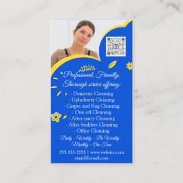 Cartão De Visita Serviços de Limpeza Casa Mantendo a Foto QRCode Az