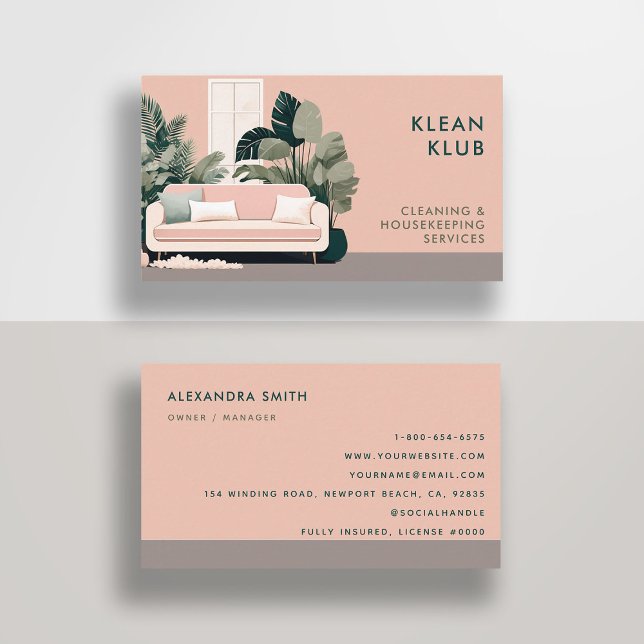 Cartão De Visita Serviços de Limpeza Clássica Retro-Rosa (cleaning housekeeper janitorial business card retro vintage elegant modern chic simple minimal pink )