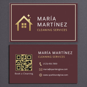 Cartão De Visita Serviços de Limpeza Código QR Burgundy Gold