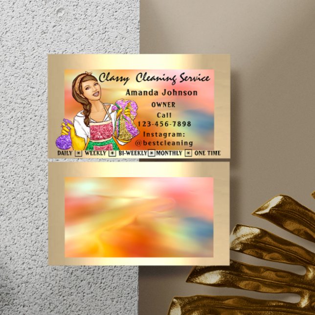 Cartão De Visita Serviços de limpeza da casa clássica Holographic (Criador carregado)