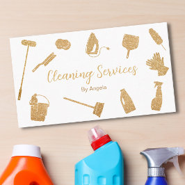Cartão De Visita Serviços de Limpeza de Maid Dourado Chic com Espum