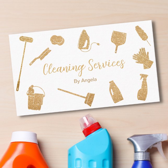 Cartão De Visita Serviços de Limpeza de Maid Dourado Chic com Espum (Criador carregado)