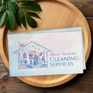 Cartão De Visita Serviços de Limpeza - Design estilo Aquarela Negóc
