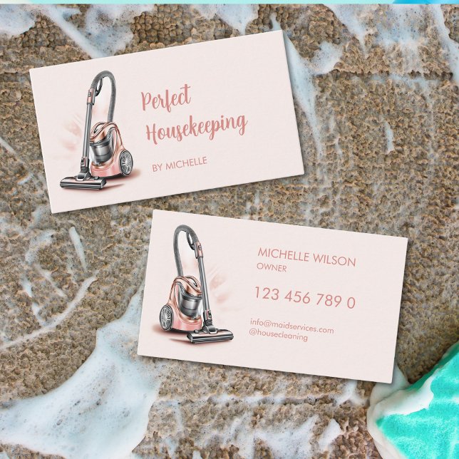 Cartão De Visita Serviços de limpeza doméstica modernos, cor-de-ros (pink vacuum cleaner)