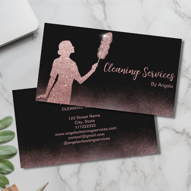 Cartão De Visita Serviços de Limpeza Dourada de Maid rosa com Espum (Criador carregado)
