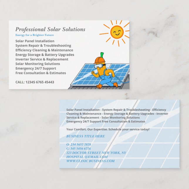 Cartão De Visita Serviços de Limpeza e Manutenção de Painel Solar (Frente/Verso)