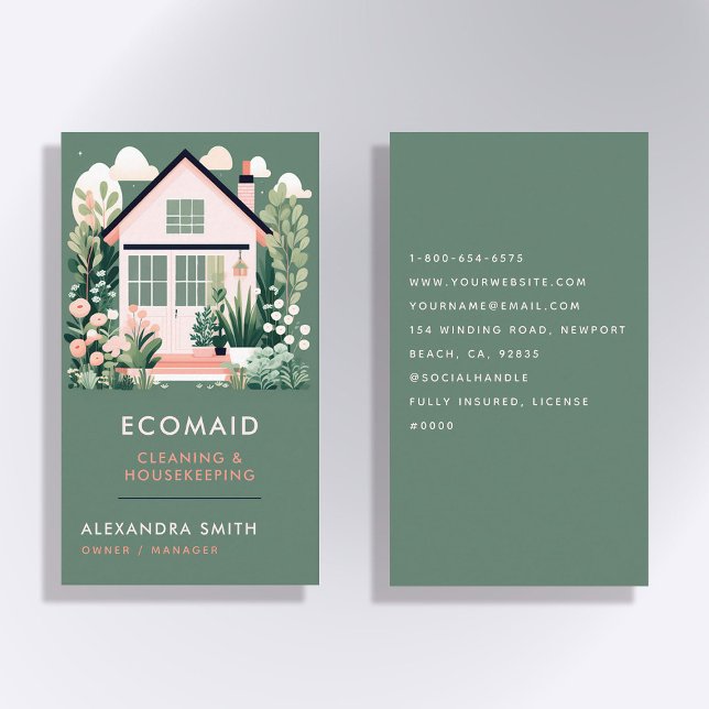 Cartão De Visita Serviços De Limpeza Familiar Scandi House Green (cleaning housekeeper janitorial business card scandi scandinavian elegant modern green simple classy)
