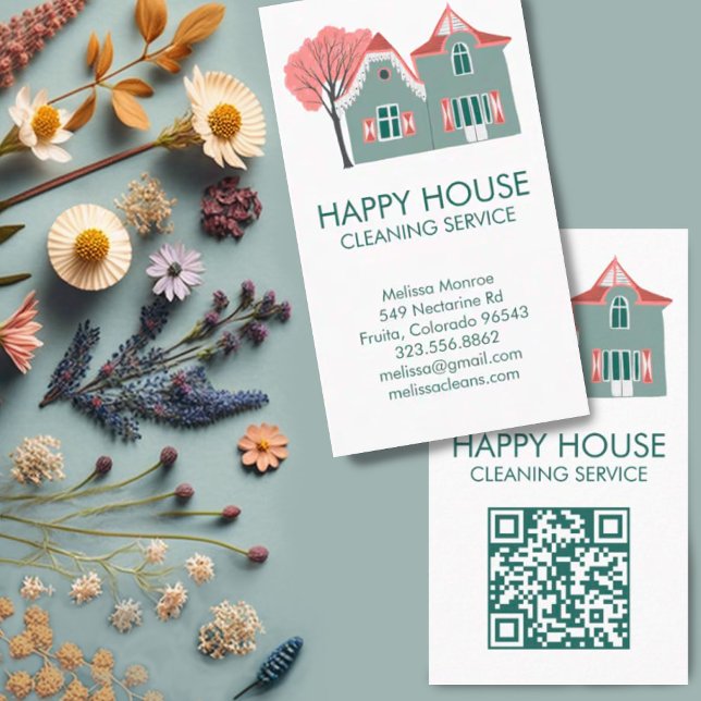 Cartão De Visita Serviços domésticos de limpeza de casas encantando (House cleaning, cute home illustration custom business card with QR code. Add your own text and link)