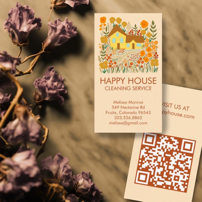 Cartão De Visita Serviços domésticos de limpeza de casas Floral Far (Cute farmhouse illustration on custom QR code business cards)