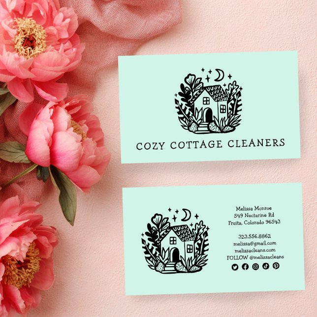 Cartão De Visita Serviços domésticos de limpeza personalizada de al (Cute Cottage Custom Cleaning Home Services Business Card
)