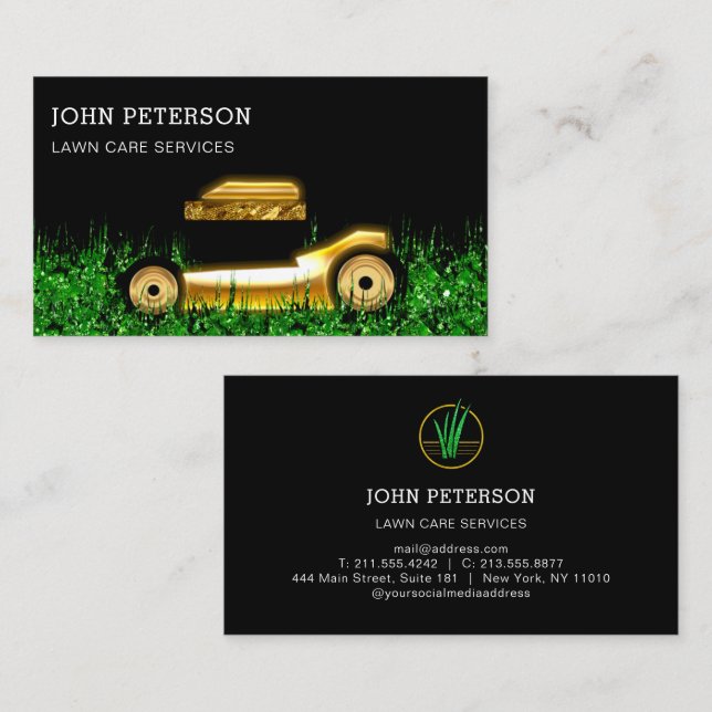 Cartão De Visita Serviços Dourados de corte de erva para jardinagem (Frente/Verso)