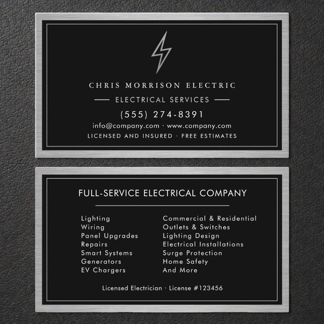Cartão De Visita Serviços Elétricos Silver & Black Eletricista (Criador carregado)