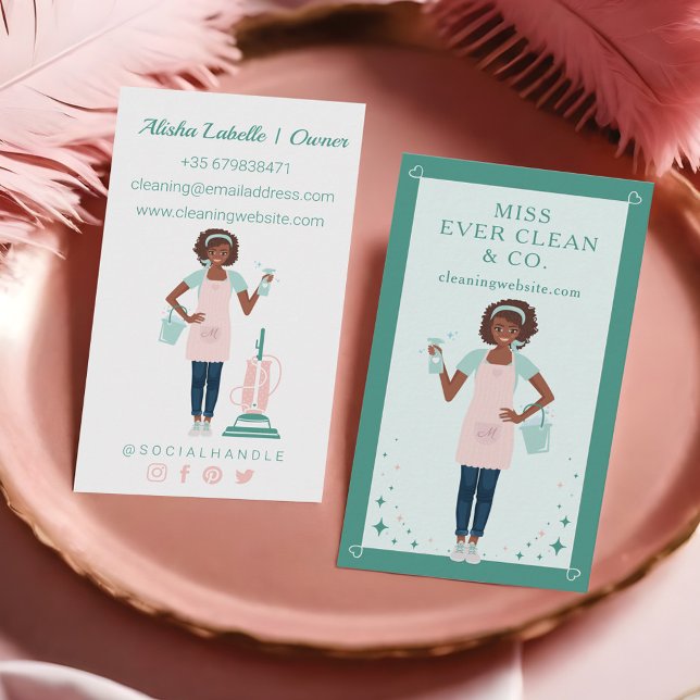 Cartão De Visita Serviços modernos de limpeza e assistência a mulhe (Modern Pretty Black Woman Cleaning & Maid Services Business Card)