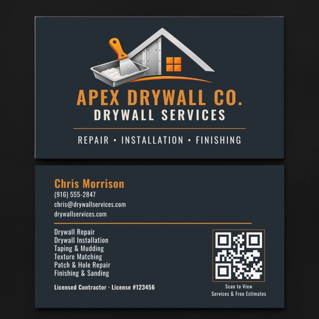 Cartão De Visita Serviços Profissionais de Código QR para Drywall (Criador carregado)
