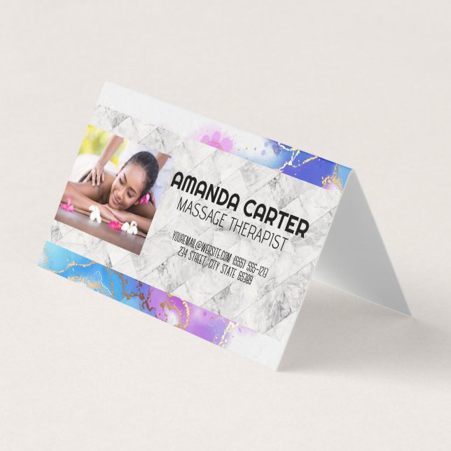 Cartão De Visita Sessão de Massagem | Watercolor | Marble (Frente)