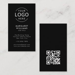 Cartão De Visita Seu logotipo Código QR Preto Minimalista