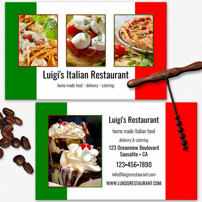 Cartão De Visita Seu Restaurante Italiano de 4 Fotos (Italian restaurant business card featuring your custom photos on the Italian flag)