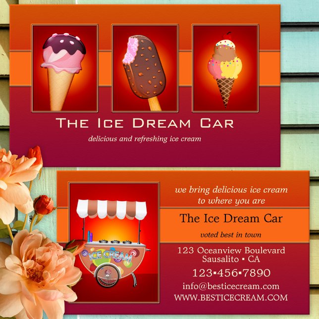 Cartão De Visita Seu Sorvete de 4 fotos (Ice cream business card featuring your custom photos framed by bold colored red-orange)