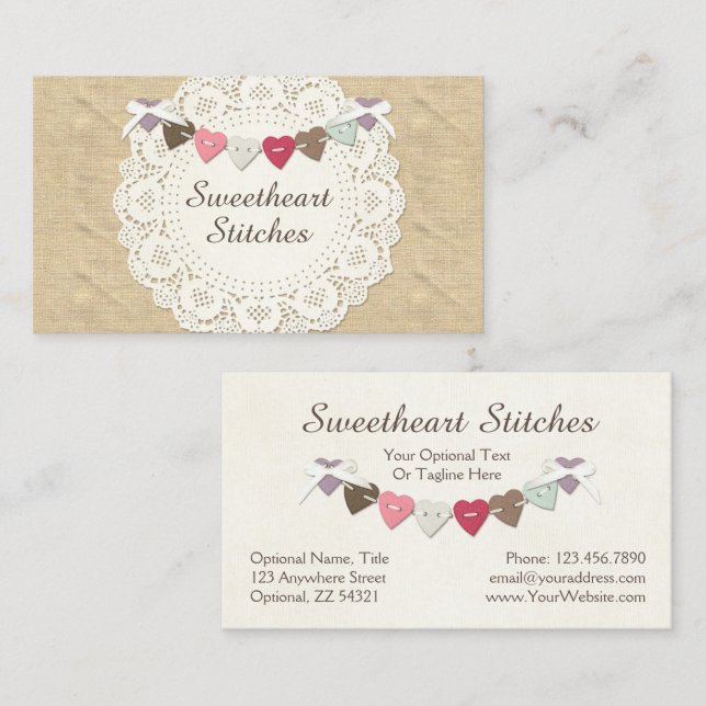 Cartão De Visita Sewing Stitches em Rustic Country Burlap & Hearts (Frente/Verso)