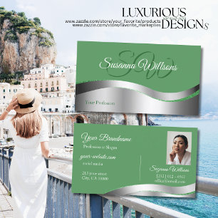 Cartão De Visita Shamrock Green Wavy Silver Decor Iniciais Foto