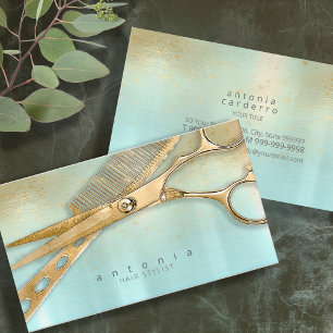 Cartão De Visita Sheen and Shears Hair Stylist Dourado/Teal ID814