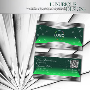 Cartão De Visita Shimmery Stars Green Silver Borders Logotipo QR Co