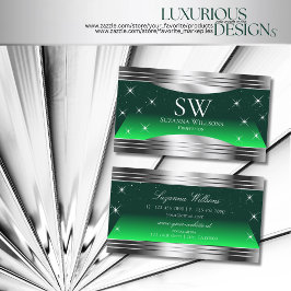 Cartão De Visita Shimmery Stars Green Silver Fronteiras com Monogra